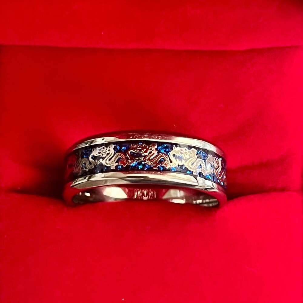 Asian Design Dragon Ring Blue Glitter Inlay Titanium Steel 8mm Band Size 11